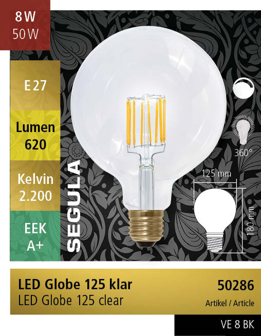 LED GLOBE 125 CLEAR SEGULA E27-8W-2200K @ EOL