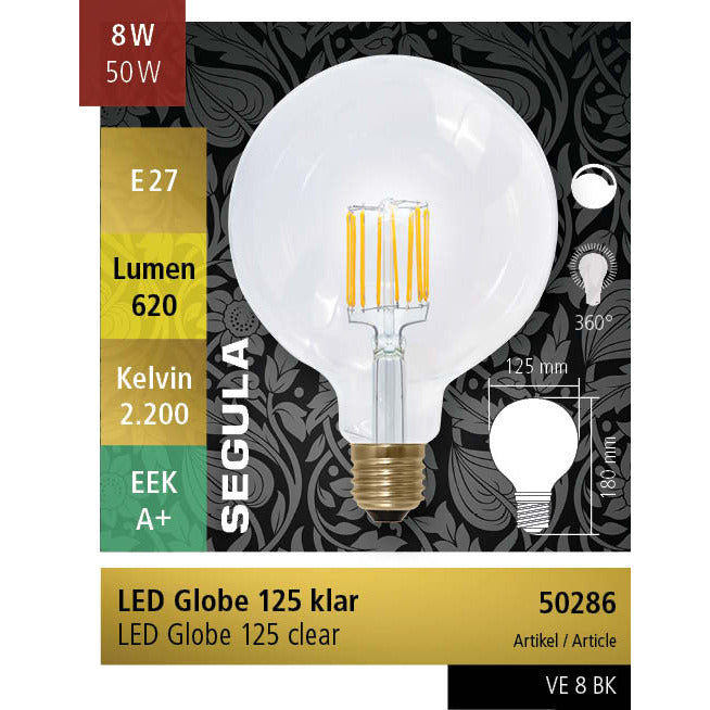 LED GLOBE 125 CLEAR SEGULA E27-8W-2200K @ EOL