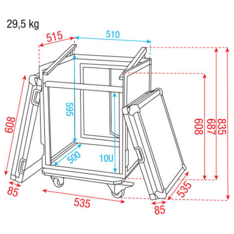 COMBI CASE 19" 10 UNITS + 10UNITS TOP INCL. WIELEN